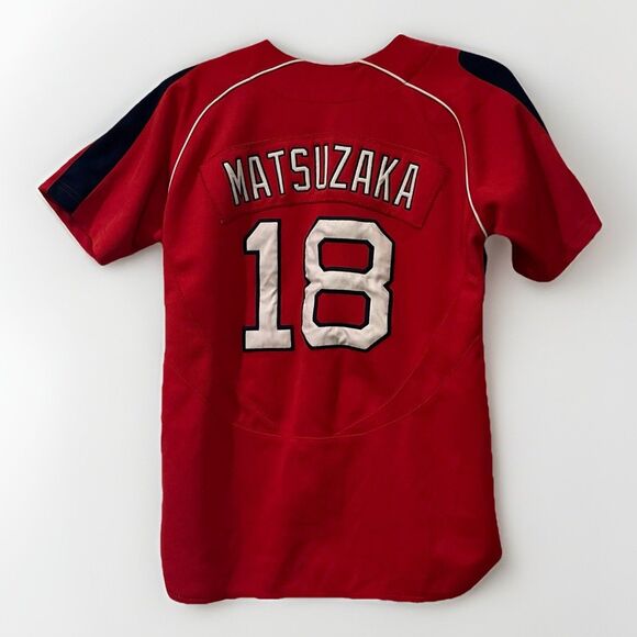 VTG Nike Boston Red Sox Matsuzaka #18 Button Up Baseball Jersey Childs M Red - Picture 6 of 8